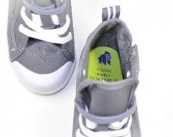 30 personalized shoe labels. These durable and waterproof name labels are ideal for school, kindergarten and daycare. Made with love in USA.