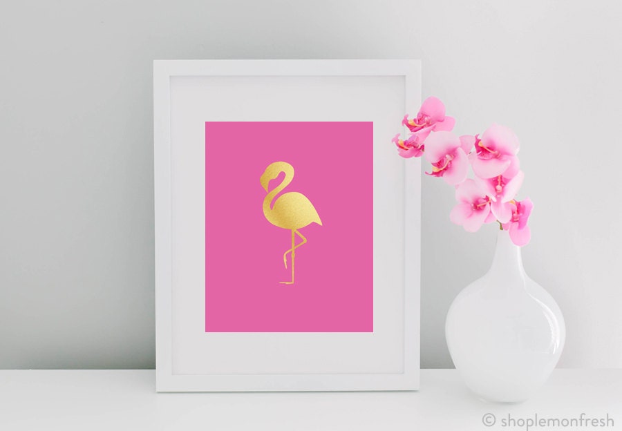 Pink and Gold Flamingo Gold Foil Print Office Decor Art