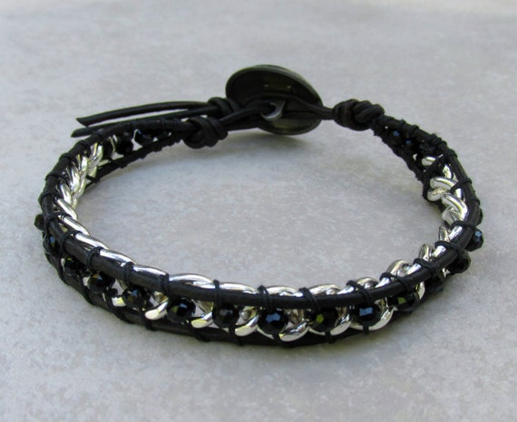 Black Crystal & Chain Leather Bracelet by FHGoldDesigns on Etsy