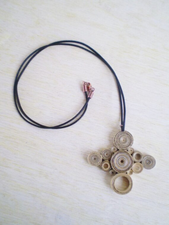 Cross Necklace Vintage Newspaper Recycled Jewelry Paper Beads