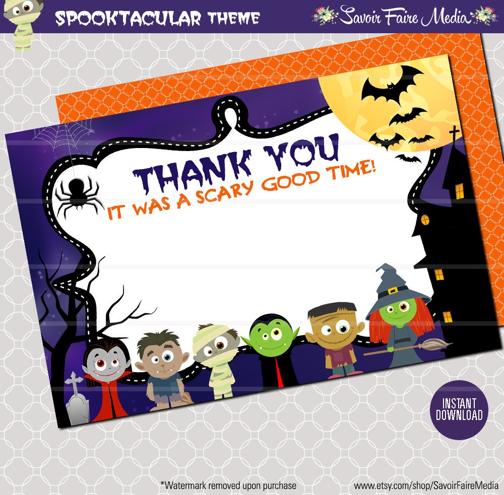 Instant Download Halloween Party Thank You Card Monsters