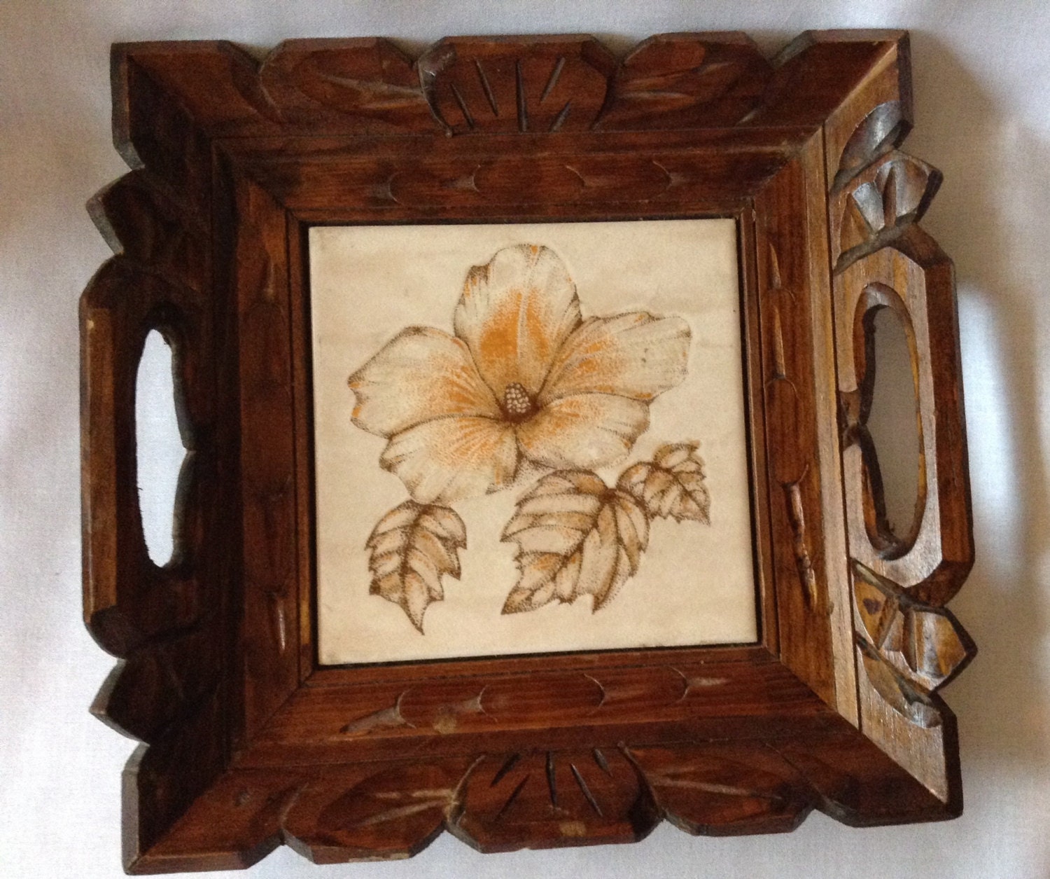 Vintage Wood and Tile Tray, 11 Inch Square Haute Juice