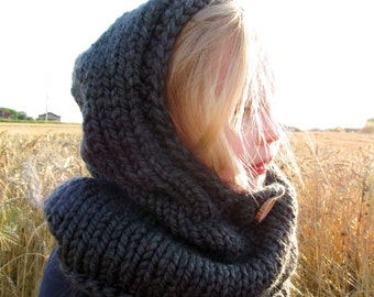 Dark Grey Hand-Knit Hooded Cowl with Button, Hooded Scarf, Knitted ...