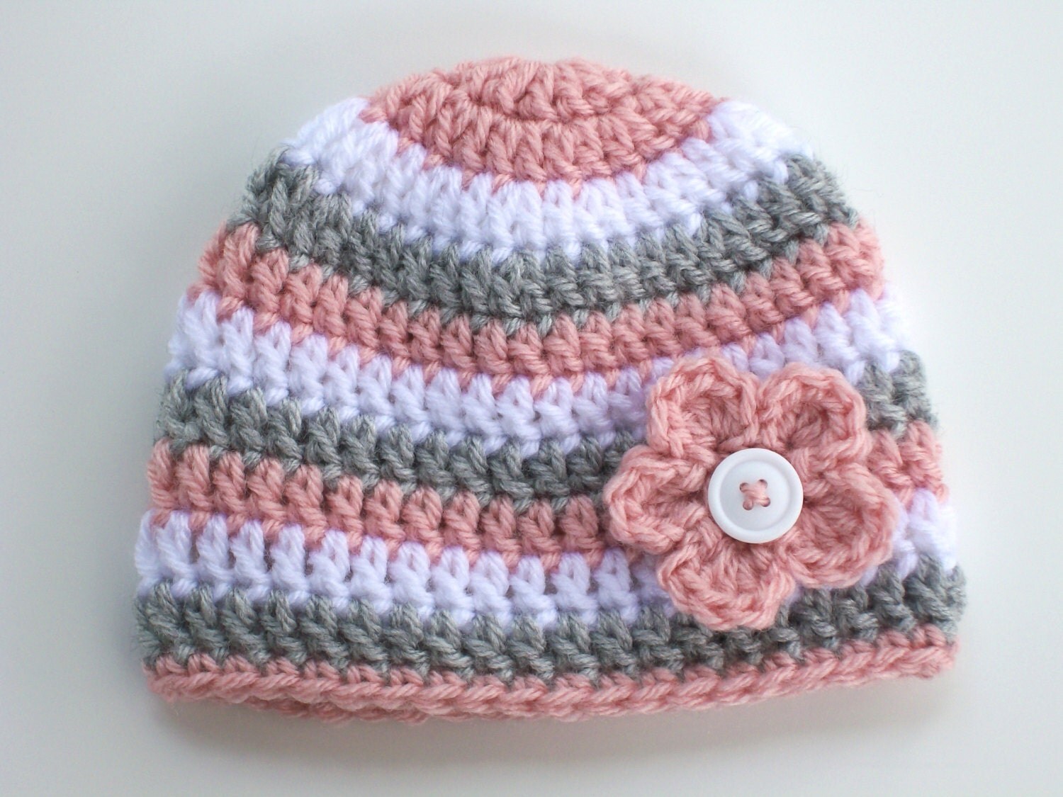 Baby Girl Hat Baby Beanie Pink Gray and White Hat 03