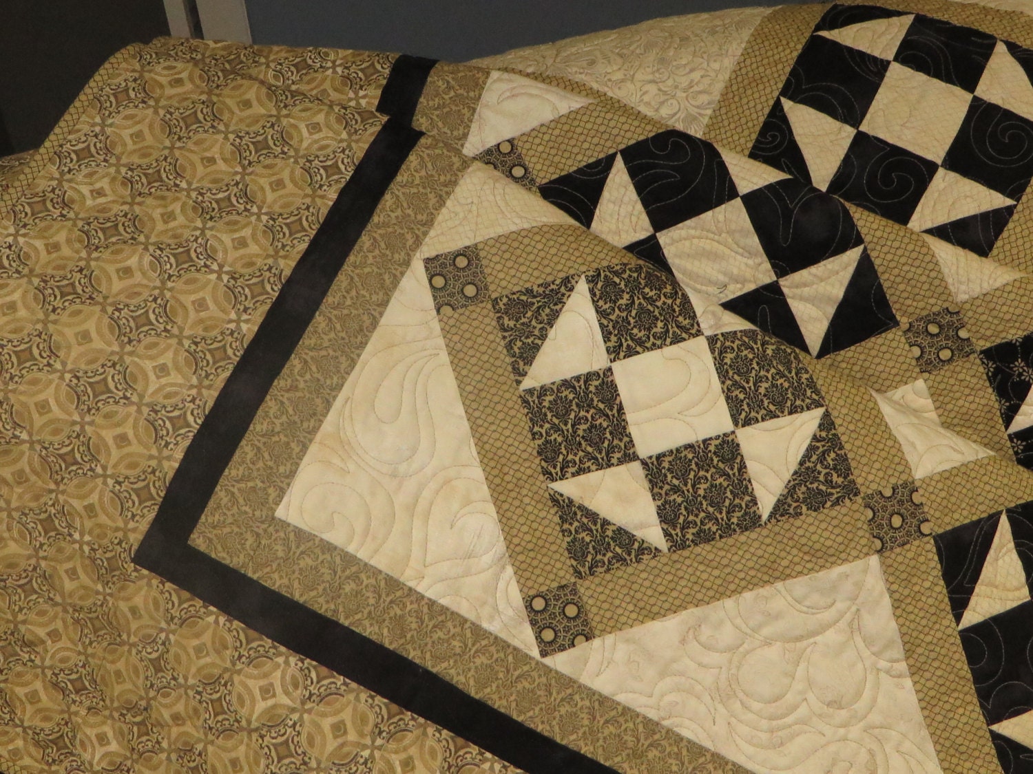 Elegant King Size Black Cream and Tan Nine Patch Quilt