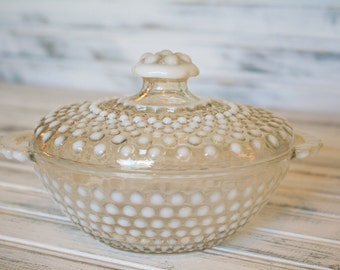 Anchor Hocking Moonstone Opalescent Hobnail Covered Candy Dish - 1940's