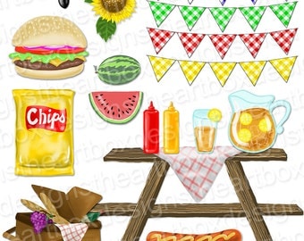 Picnic Clipart, Summer Picnic Food Clipart, Gingham Bunting Banners, Hamburger + Hot Dog + Watermelon Clipart + Gingham Background Clipart
