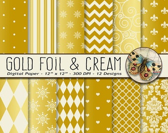 Gold Foil Digital Paper, Patterns in Gold and Cream Paper, Gold Foil Scrapbooking Paper, Elegant Patterns on Gold Foil Background Paper