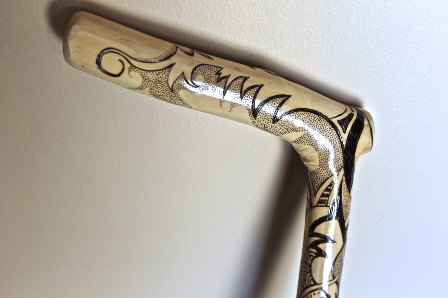 Unique handmade walking cane with one of a kind wood burned