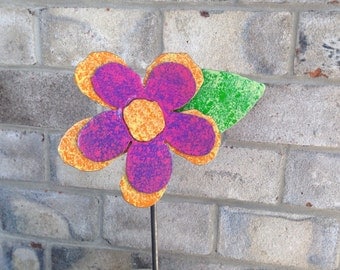 Metal Garden Art Flower Garden Stake Pink, Purple, Yellow and Orange Flower