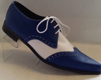 Bugsy Brogue Winklepicker Shoe in Blue/White Leather