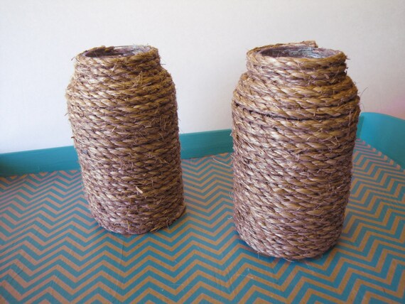 Set of 2 rope/twine wrapped up cycled vases