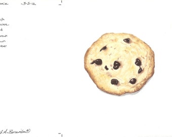Chocolate Chip Cookie, colored pencil print, 6 1/2" x 6 1/2", art, illustration, photo realistic, drawing, archival, food, dessert, snack,