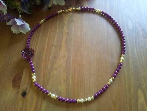 Stunning Purple, Gold and creme pearl necklace with real resin encased daisy focal - feel like a queen wearing this