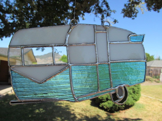 Vintage Trailer Turquoise Stained Glass Suncatcher Camper 4395