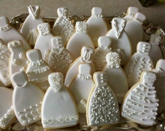 Custom 100 Bride Dress Sugar Cookies with White Ribbon and Silver Metal Charm for Bridal Showers, Wedding Showers, Favors, Gifts, Weddings