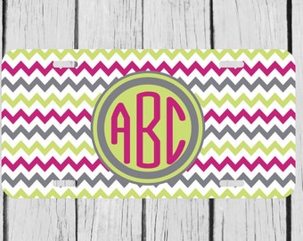 Personalized Monogrammed Chevron Lime Green Grey Burgandy License Plate Car Auto Tag Custom Monogram L058