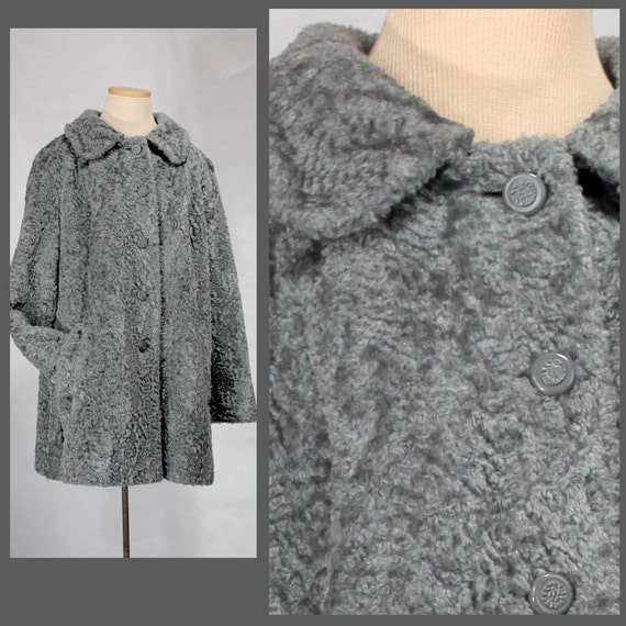 Faux Persian Lamb Fur Coat Gray Silver Swing Large L Grey 60s