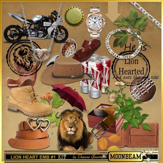 Masculine Scrapbook kit embellishments "Lion Heart" mens digital kit male theme embellishments