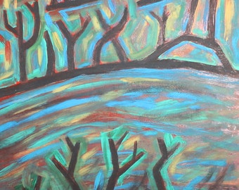 Vintage oil painting expressionist cubist landscape