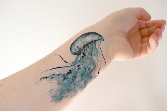 Watercolour Jellyfish temporary tattoo - Ocean, Sea Life, Blue, Large Tattoo
