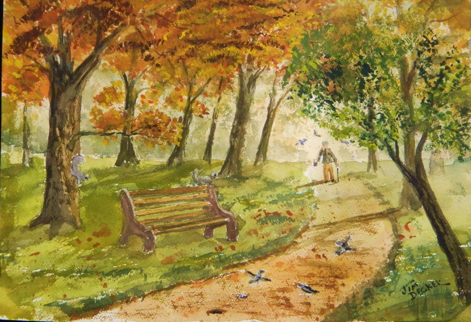 PARK BENCH PAINTING Squirrel Pigeon Autumn Painting Fall