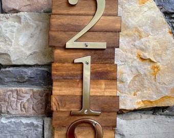 Decorative House Number Plaque (3#'s). Wooden Plaque Hanger w/ Metal Numbers. Hanging Wooden House Number Plaque. Suits Modern/Rustic Style.