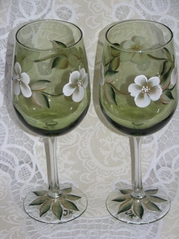 Hand painted Sage green glass with clear stem