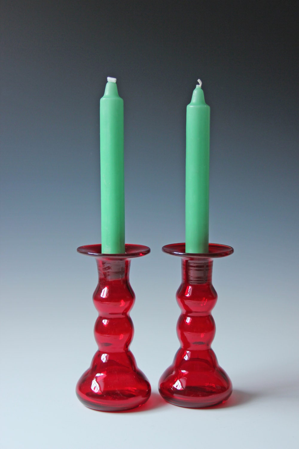 ruby red glass candle holders pair