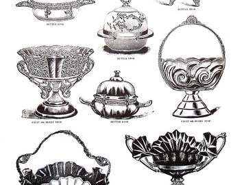 Butter Dish, Fruit Dish, Berry Dish - Silver Plated Hollow Ware - 1968 Vintage Book Print - Victorian Americana Black and White 2 Sided Page
