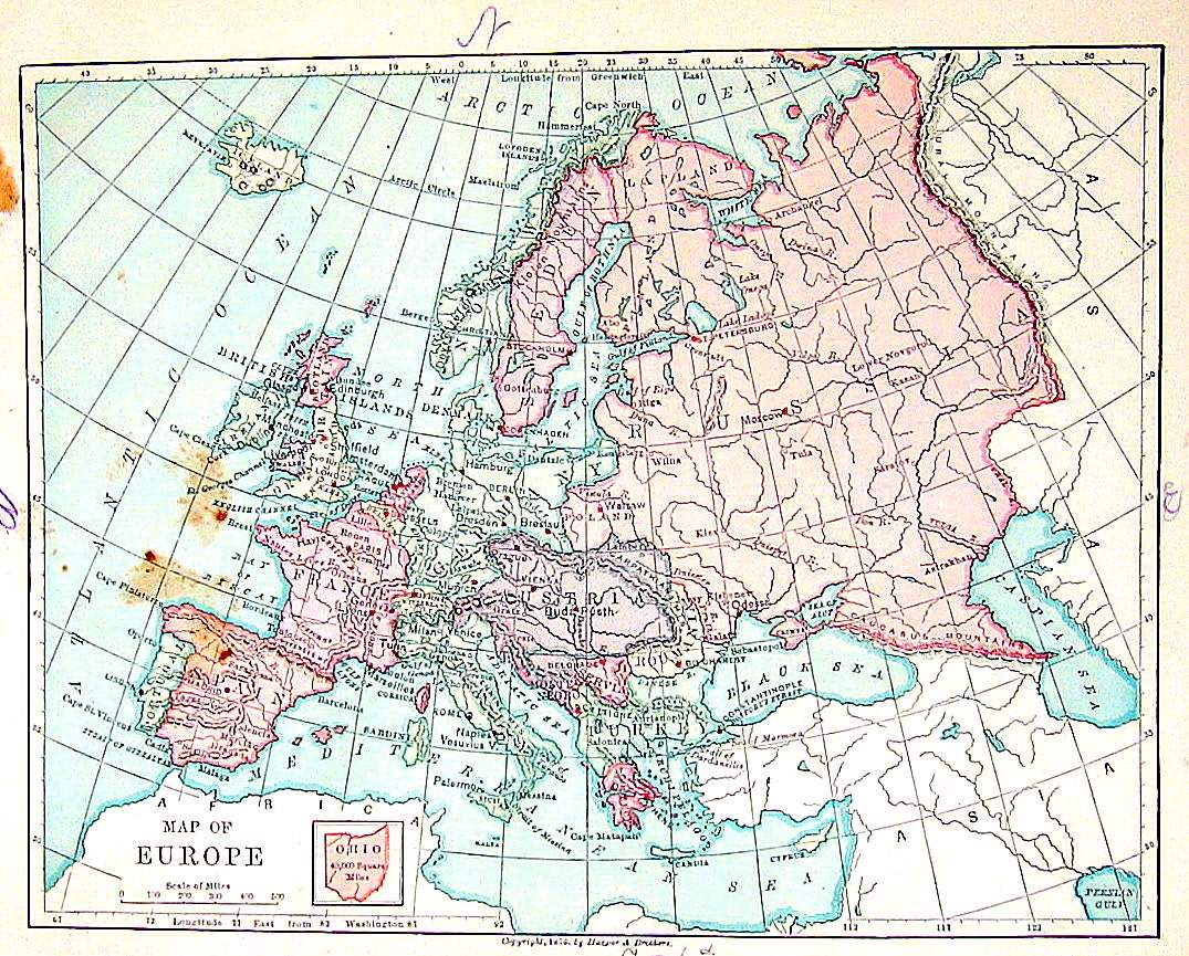 Antique Map 1877 Map of Europe Geography Book Page 9 x