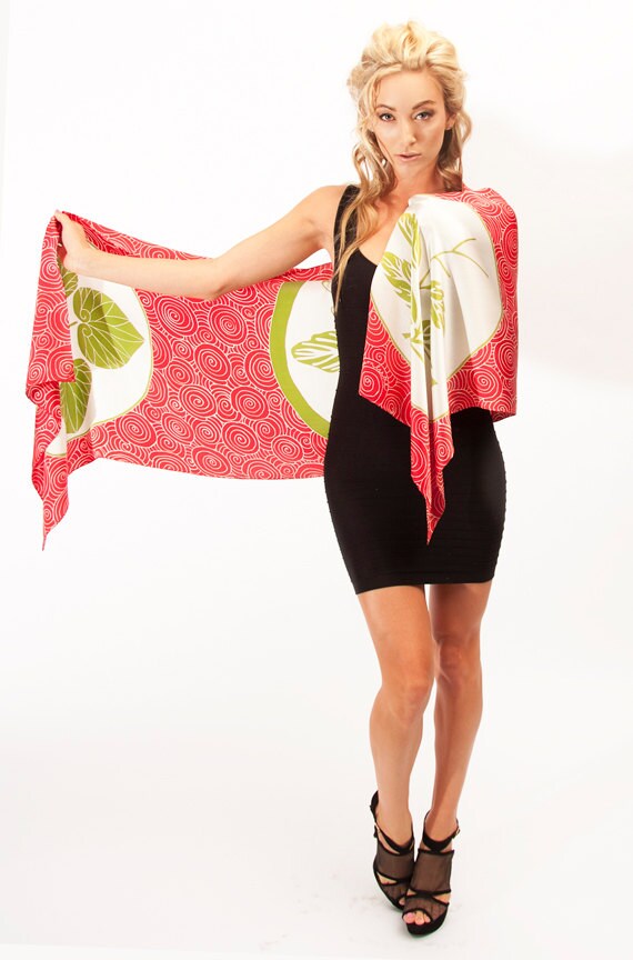 Silk Scarf Hand Painted. Japanese Crest on Charmeuse Silk. Flower Crests with a swirl background. Batik Silk Scarves Dreamluxe. 21"x72".