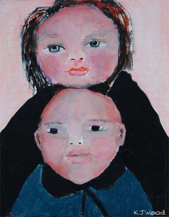 Acrylic Portrait Painting Mother and Babe, Pink, Black, Family 8x10 canvas panel