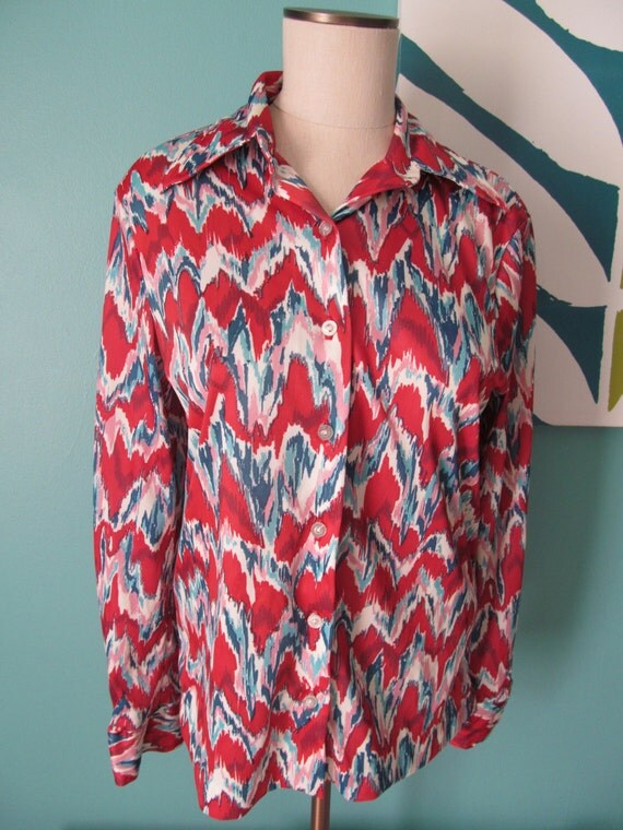 Vintage 60s 70s Tie Dye Style Funky Button Down Blouse Red