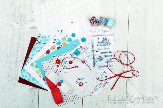 SALE New Embellishment Kit - Aqua, Red & White Combo Kit - June Embellishment Kit - Card Kit - Scrapbook Embellishement Kit