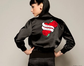 Satin Bomber Jacket, Tattoo Jacket, Black Ladies Jacket, Retro Style Jacket, Zip Front Jacket, Casual Jacket with Motif Back, Sizes:S/M/L