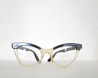 Vintage 50s 60s Cat Eye Glasses/ Grey Pearl / Women's Eyewear / Sunglasses with WInged Browline Effect over Translucent on sale