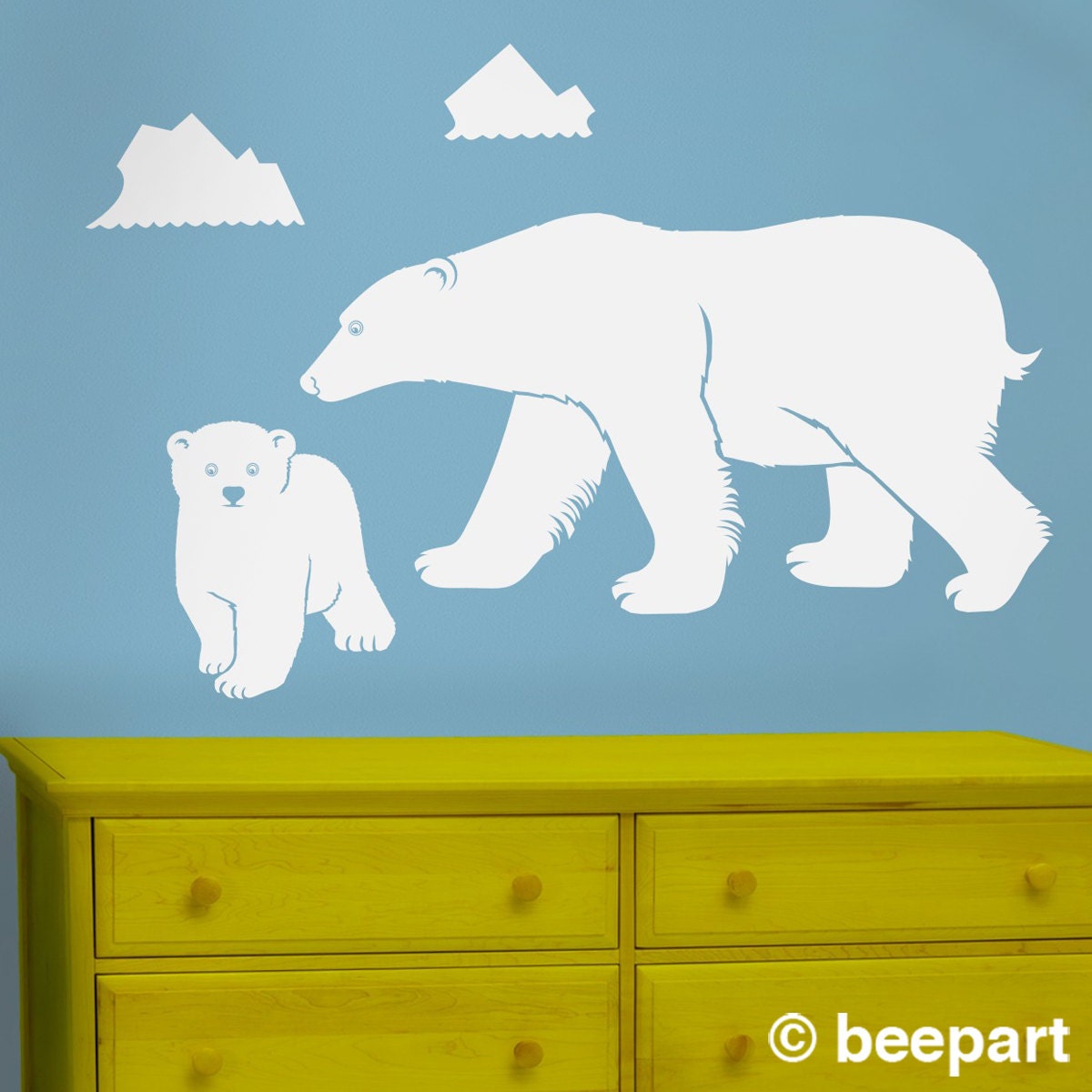polar bear wall decal, bear mother, bear cub sticker art, arctic vinyl