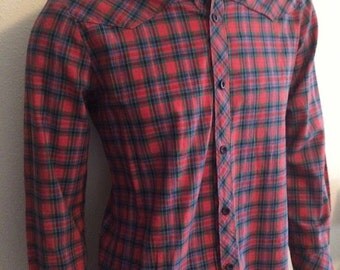 Vintage Men's 80's Shirt, Red, Long Sleeve, Plaid, Button Up (M)