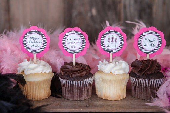 CUPCAKE TOPPERS - Bachelorette Party Hot Pink and Zebra Theme Party Decorations - Bachelorette Cupcake Toppers Il_570xn
