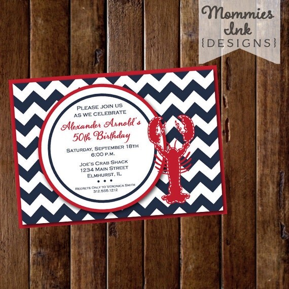 Preppy Chevron Lobster Birthday Party Invitation - Navy Blue and Red - PRINTABLE INVITATION DESIGN Il_570xn