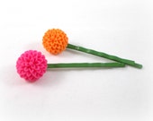 Bobby Pin Set Pink and Orange Flower on Green Hair Pins Stocking Stuffers Cute Summer Hair Accessories for Girls Tweens Teens Bright Colors