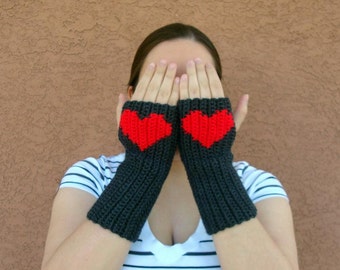 Heart Fingerless Gloves - Red and Charcoal Grey Fingerless Gloves - Wrist Warmers - Arm Warmers, Fingerlesss Mittens for Women MADE TO ORDER