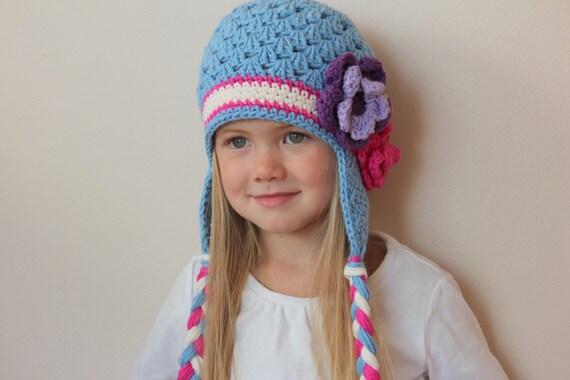 Light blue earflap hat with flower for girl any size any
