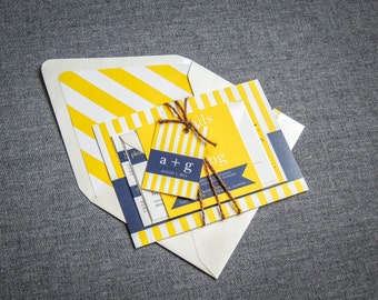 Nautical Wedding Invitations, Invitations with Stripes, Destination Wedding Invites, Navy and Yellow Invitation - "Preppy Chic" FP-NL-v3