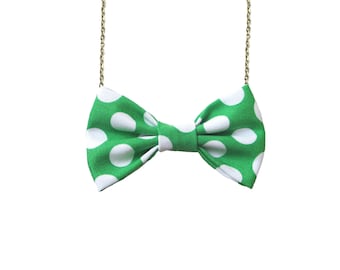 Green White Polka Dots Bow Tie Necklace, Casual Bowtie Women Dots