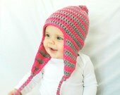 Infant Baby Girl Hat, Neon Pink and Gray Stripes, Newborn, EarFlap, Pom Pom, Made to Order, 3-6 Months, 6-12 Months, Baby Beanie, beanie hat