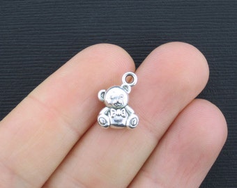 6 Teddy Bear Charms Antique Silver Tone 2 Sided - SC2547