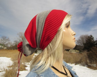 Wide Stripe Slouchy Beanie Hat Red Gray Cotton Knit Baggy Tam A1338