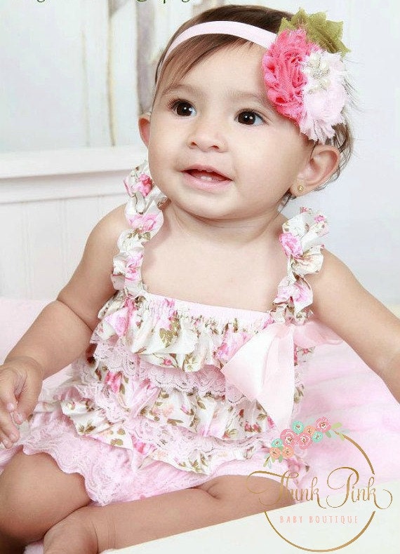 Shabby chic floral petti lace romper, satin petti romper, baby girl petti romper, pink floral petti romper by ThinkPinkBows